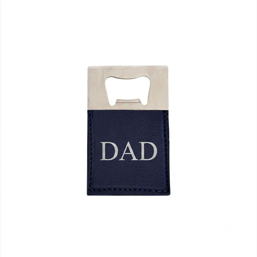 Navy leatherette and stainless steel bottle opener, 3.5 x 2 inches, with a laser-engravable surface and gift box, making a practical Father's Day gift.