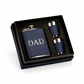 Navy Leatherette Flask and Stainless Steel Shot Glass Set featuring an 8 oz flask, two matching shot glasses, and a gift box, making a classic Father's Day gift that can be personalized for Dad.