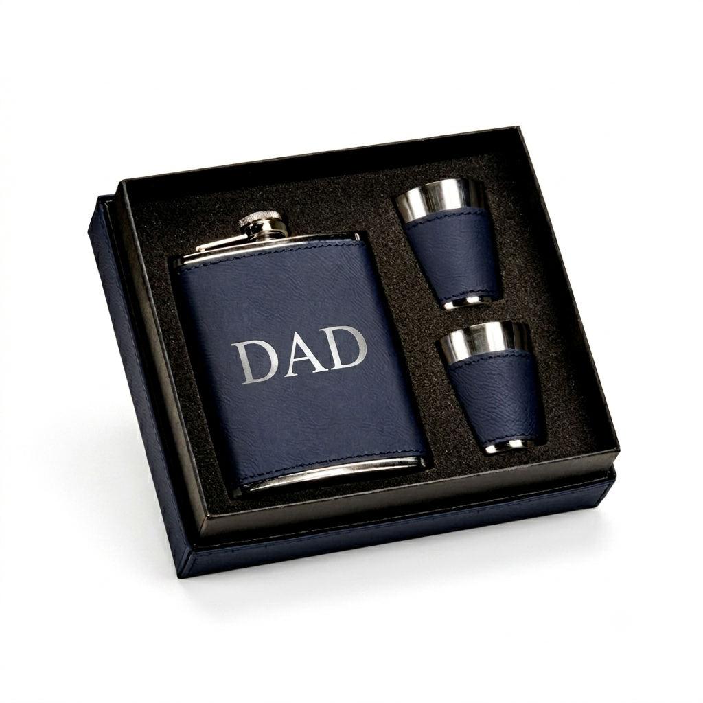 Navy Leatherette Flask and Stainless Steel Shot Glass Set featuring an 8 oz flask, two matching shot glasses, and a gift box, making a classic Father's Day gift that can be personalized for Dad.