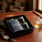 Navy Leatherette Flask and Stainless Steel Shot Glass Set featuring an 8 oz flask, two matching shot glasses, and a gift box, making a classic Father's Day gift that can be personalized for Dad.