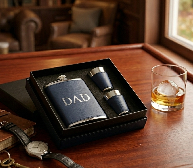 Navy Leatherette Flask and Stainless Steel Shot Glass Set featuring an 8 oz flask, two matching shot glasses, and a gift box, making a classic Father's Day gift that can be personalized for Dad.