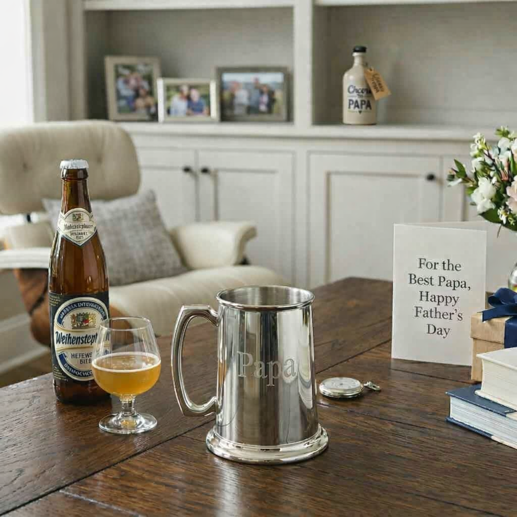Personalized 16 oz pewter tankard with a bright polished non-tarnish finish, glass bottom, and classic handle. Made in England and gift boxed, making a great Father's Day gift.