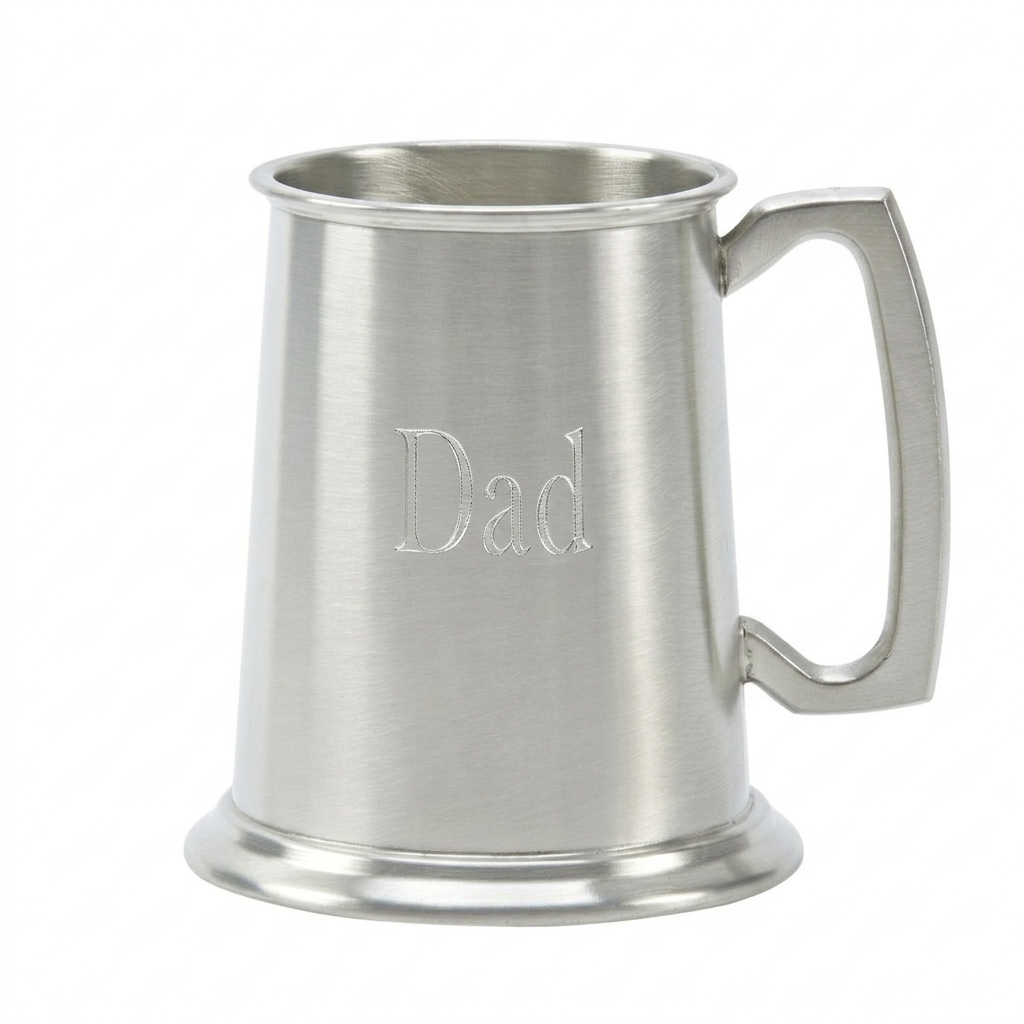 Personalized 16 oz pewter tankard with a satin matte non-tarnish finish, classic handle, and unique glass bottom. Made in England and gift boxed, making a thoughtful Father's Day gift for dads who appreciate traditional drinkware.