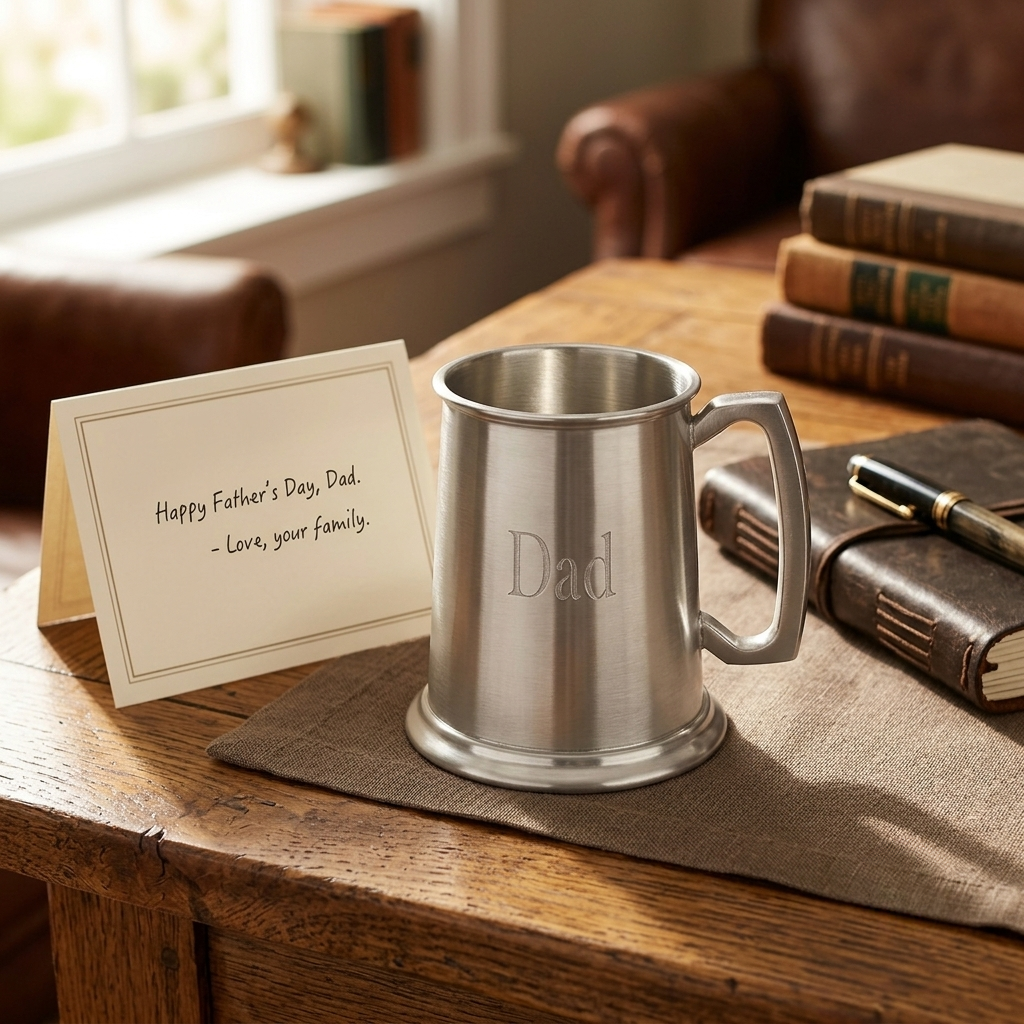 Personalized 16 oz pewter tankard with a satin matte non-tarnish finish, classic handle, and unique glass bottom. Made in England and gift boxed, making a thoughtful Father's Day gift for dads who appreciate traditional drinkware.