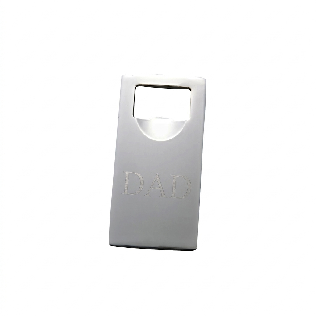 Rectangular stainless steel bottle opener with a sleek nickel-plated, non-tarnish finish, designed for home bars and on-the-go use, making it a useful Father's Day gift. 