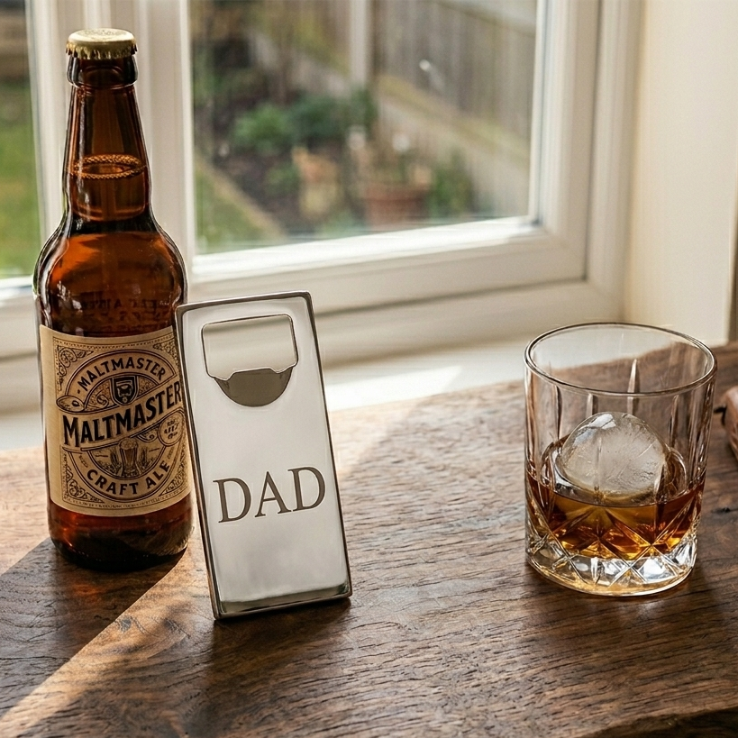 Rectangular stainless steel bottle opener with a sleek nickel-plated, non-tarnish finish, designed for home bars and on-the-go use, making it a useful Father's Day gift. 