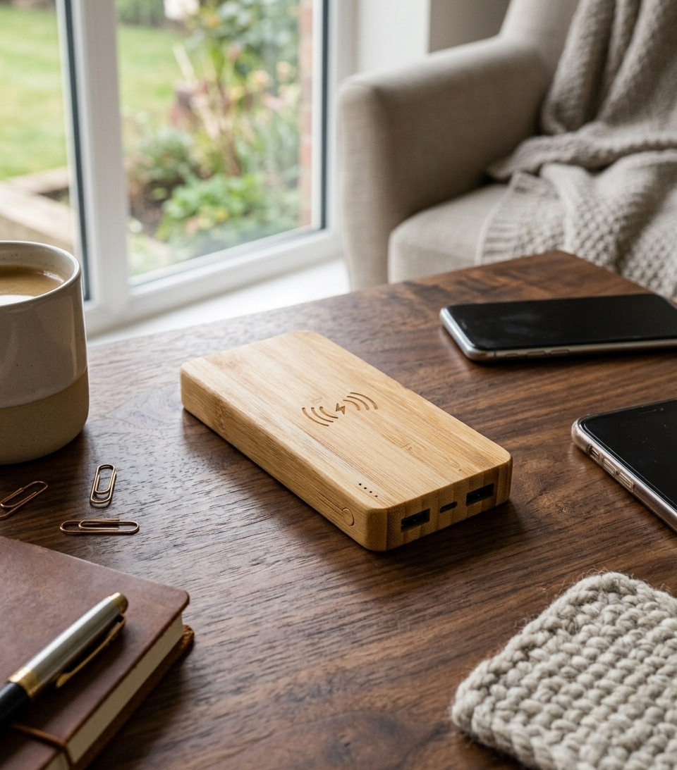 Rectangular bamboo wireless charger with a 10000mAh power bank, measuring 5.75 inch x 2.75 inch, ideal for desk accessories, corporate gifts, and everyday charging.