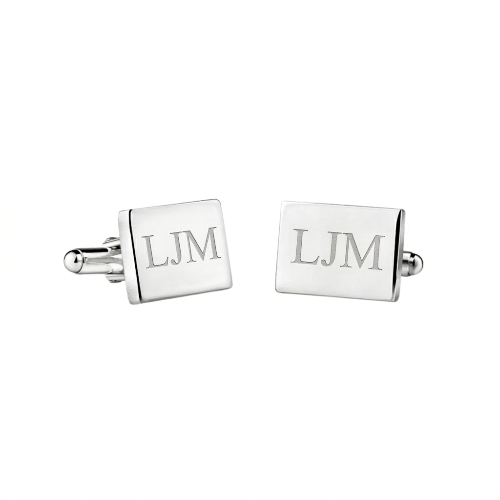 Rectangular cuff links with a sleek polished finish, classic men's accessory ideal for formal wear, weddings, business attire, and personalized gift occasions.