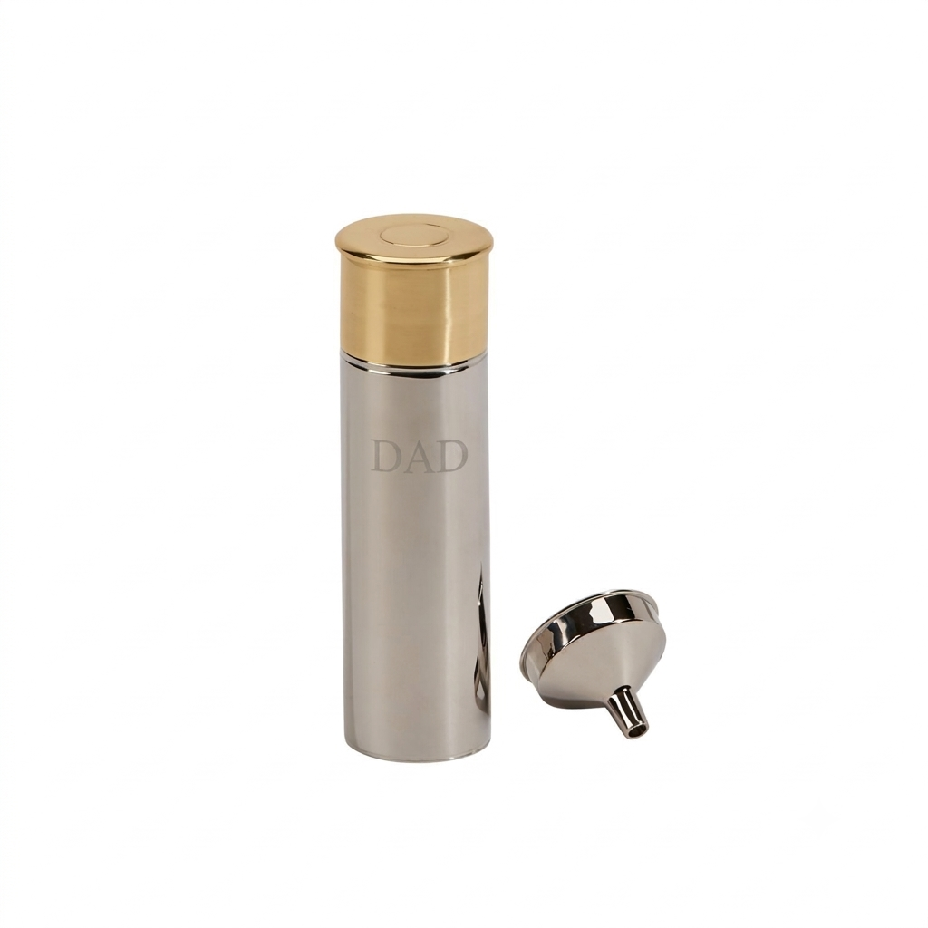 Personalized shotgun shell flask with stainless steel construction and gold-tone cap, a unique Father's Day gift for hunters, anglers, and outdoor-loving dads.