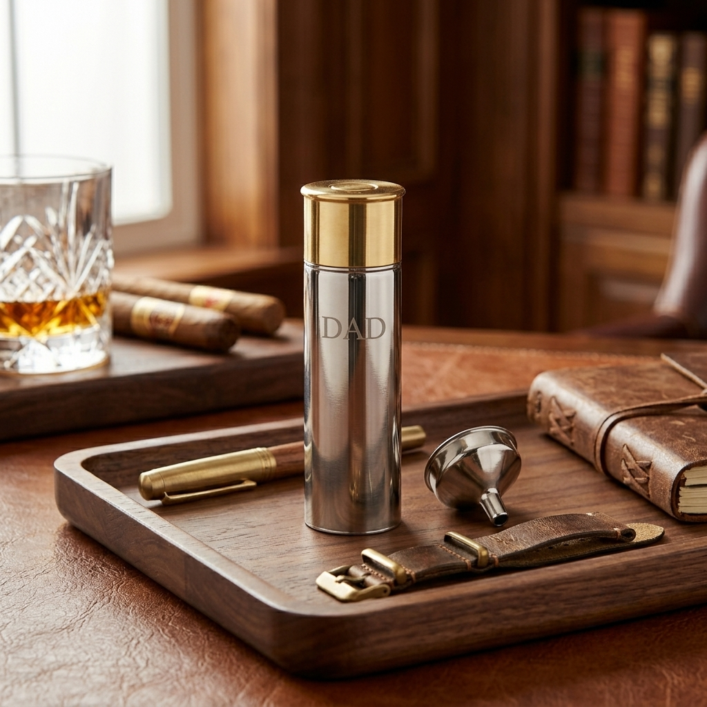 Personalized shotgun shell flask with stainless steel construction and gold-tone cap, a unique Father's Day gift for hunters, anglers, and outdoor-loving dads.