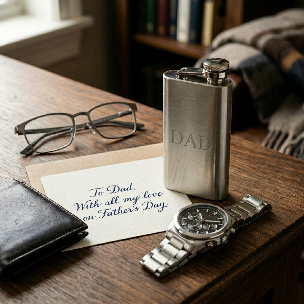 Personalized silver stainless steel pocket flask with a sleek polished finish and 6 oz capacity, a practical Father's Day gift for dads who enjoy stylish and portable drinkware.