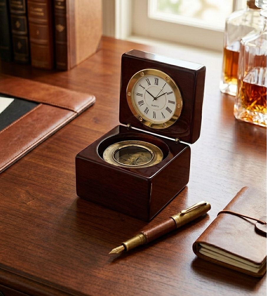 Personalized clock and compass wooden box in rosewood finish, a unique Father's Day gift and keepsake for Dad.