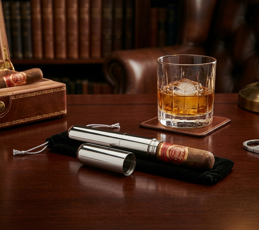 Stainless Steel Cigar Tube with Black Pouch, a sleek and durable cigar holder with a protective carrying case, making a thoughtful Father’s Day gift for dads who appreciate quality, style, and convenience.