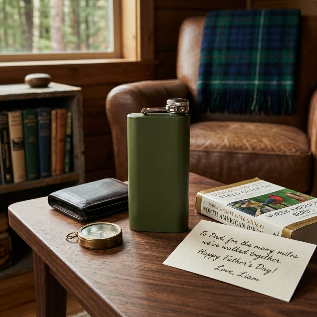Green stainless steel pocket flask with a sleek, compact design and 6 oz capacity, a practical and stylish Father's Day gift for carrying favorite beverages on the go.