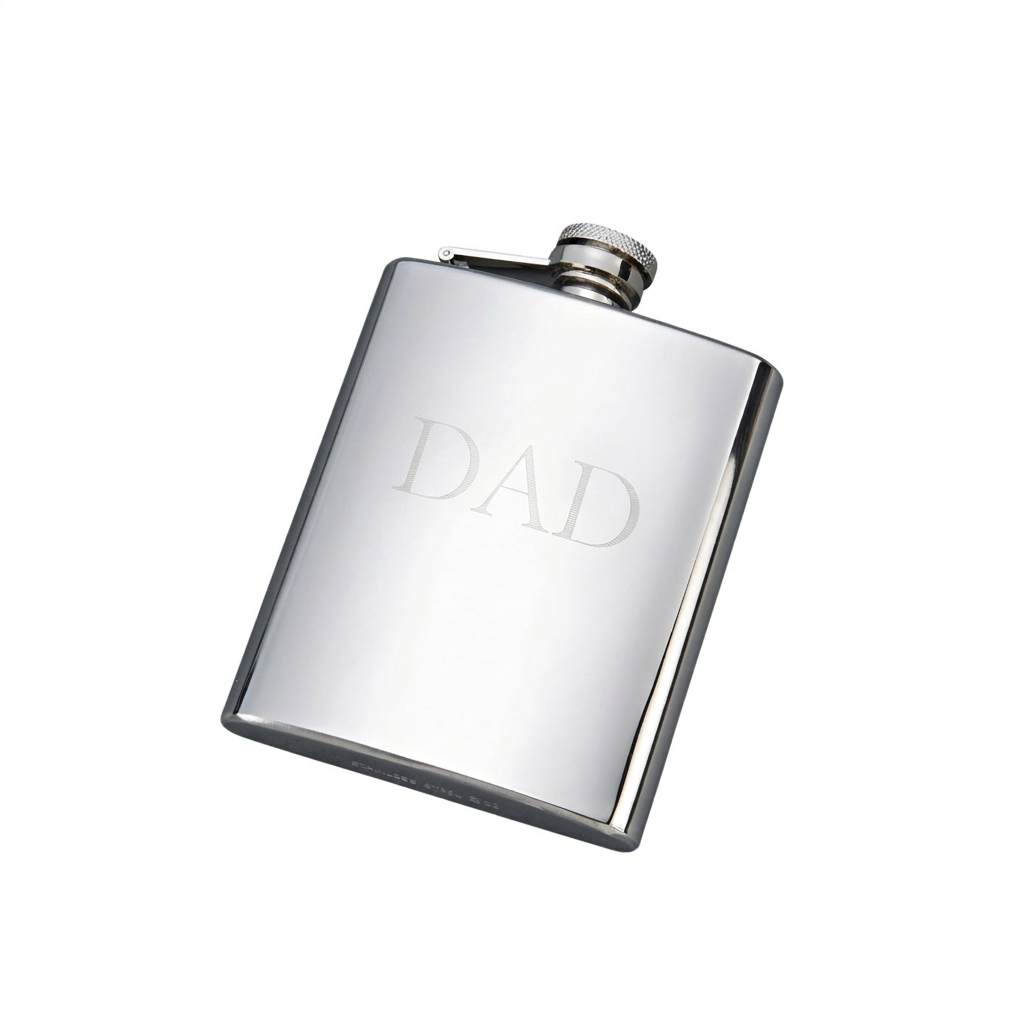 8 oz polished stainless steel flask with a sleek, non-tarnish finish and hinged cap design, a stylish and practical Father’s Day gift for carrying beverages on the go.