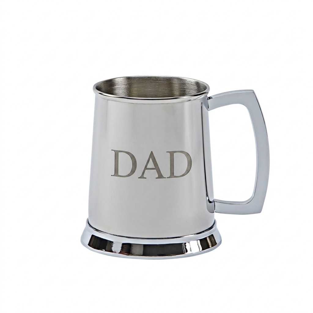 20 oz stainless steel tankard with a bright polished finish and classic handle design, a thoughtful Father's Day gift for enjoying favorite beverages in style.