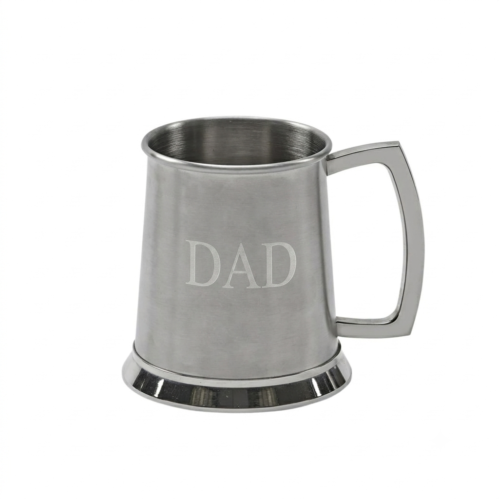 Stainless steel tankard with a satin matte finish, featuring a 20 oz capacity, classic tankard design, engraving option, and gift box presentation, making it a thoughtful Father's Day gift.