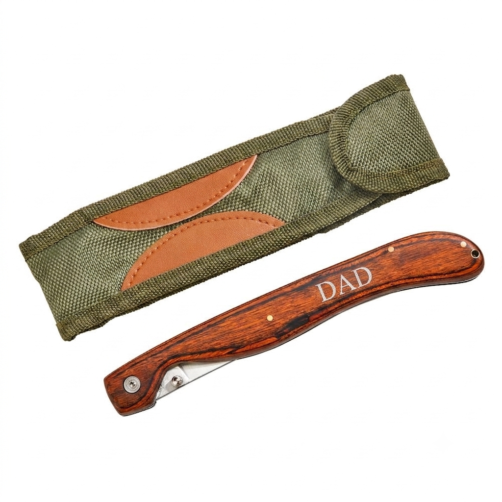 Stainless steel fillet knife with birchwood handle, locking blade, and nylon carrying pouch, designed for filleting fish and trimming meats, making a perfect Father’s Day gift for fishing enthusiasts and outdoor adventurers.