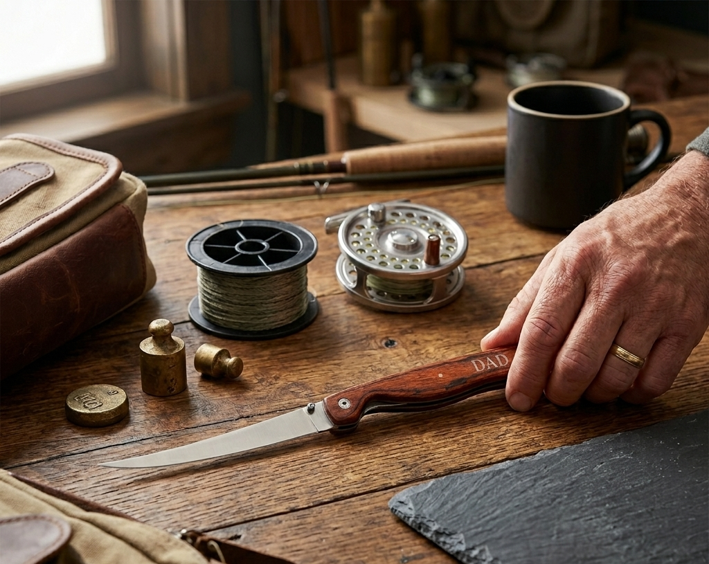 Stainless steel fillet knife with birchwood handle, locking blade, and nylon carrying pouch, designed for filleting fish and trimming meats, making a perfect Father’s Day gift for fishing enthusiasts and outdoor adventurers.