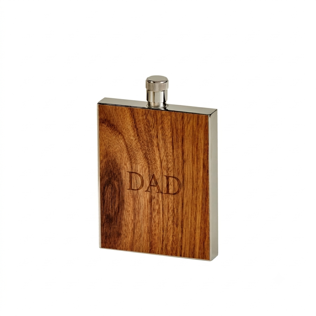 3 oz wood grain stainless steel flask with a compact design and secure screw-on lid, a stylish Father’s Day gift that combines rustic charm and everyday functionality.