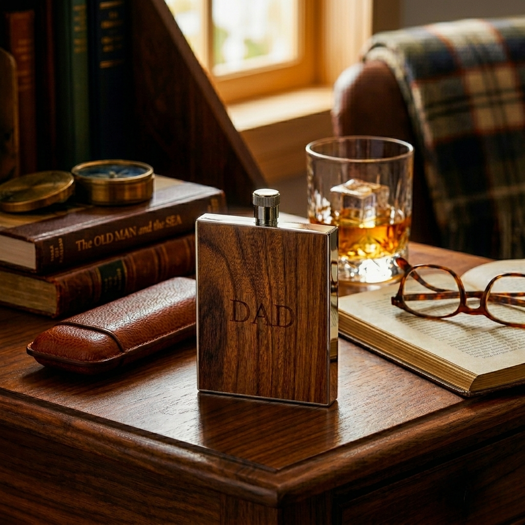 3 oz wood grain stainless steel flask with a compact design and secure screw-on lid, a stylish Father’s Day gift that combines rustic charm and everyday functionality.