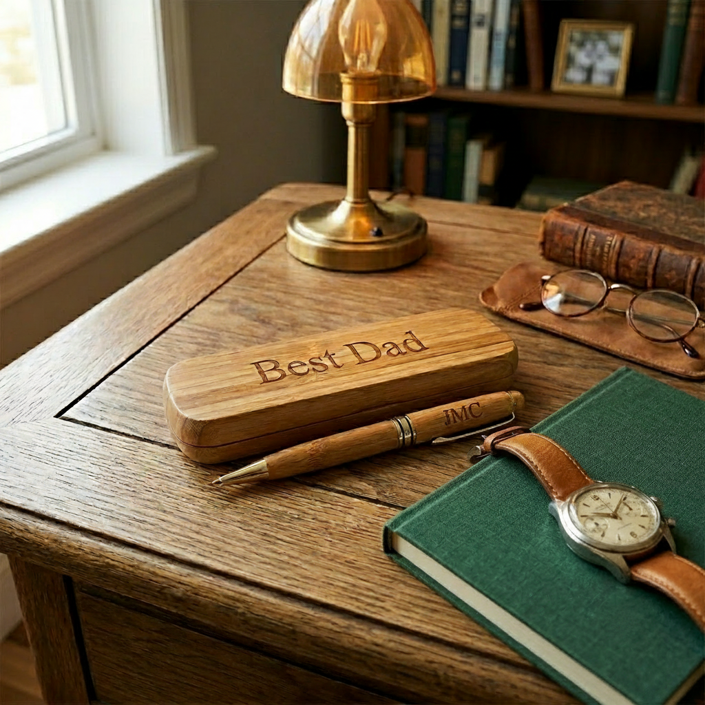 Wood Pen and Box Set featuring a sleek wooden pen and storage box, making a meaningful Father's Day gift for fathers, grandfathers, mentors, and professionals.