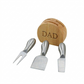 Personalized DAD engraved wood cheese block with three stainless steel cheese utensils, thoughtful Father's Day gift for hosting and entertaining.