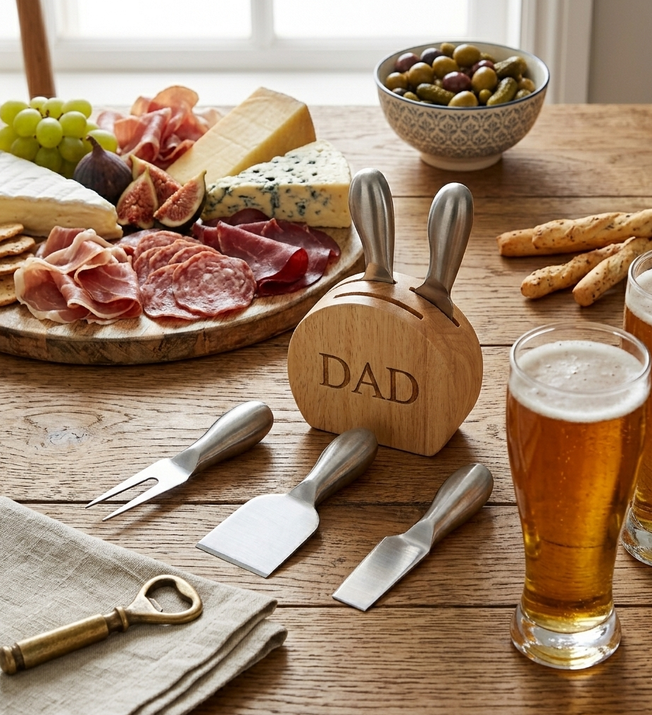 Personalized DAD engraved wood cheese block with three stainless steel cheese utensils, thoughtful Father's Day gift for hosting and entertaining.