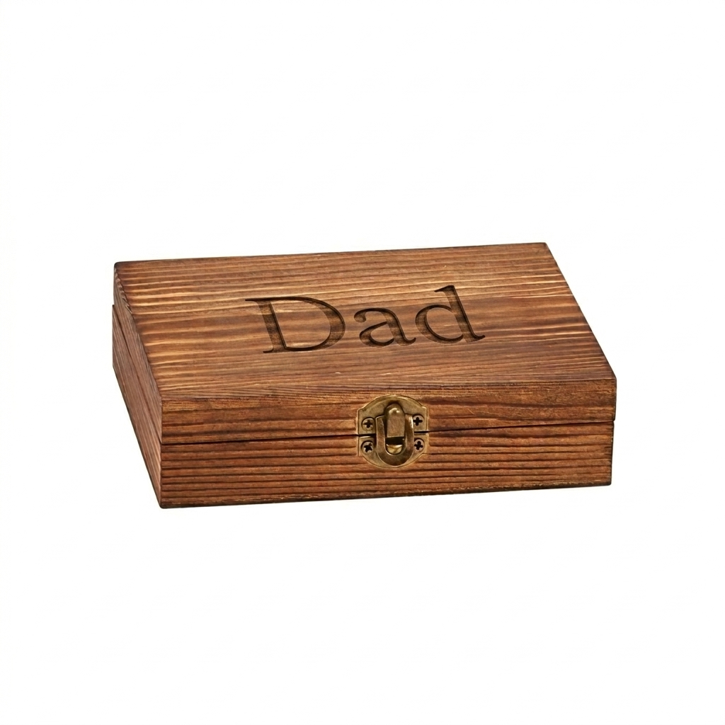 Wood box whiskey stone set engraved with "Dad," featuring reusable chilling stones and accessories, thoughtful Father's Day gift for whiskey lovers and bourbon enthusiasts.