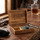 Wood box whiskey stone set engraved with "Dad," featuring reusable chilling stones and accessories, thoughtful Father's Day gift for whiskey lovers and bourbon enthusiasts.