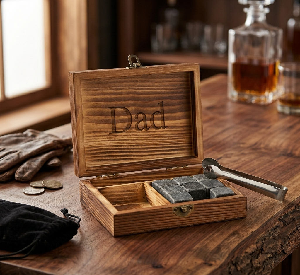 Wood box whiskey stone set engraved with "Dad," featuring reusable chilling stones and accessories, thoughtful Father's Day gift for whiskey lovers and bourbon enthusiasts.