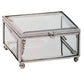 Claro hinged glass jewelry box with beveled glass, mirror bottom, and metal frame. Measures 3.5 inch x 3.5 inch x 2 inch, ideal for jewelry, keepsakes, and collectibles.