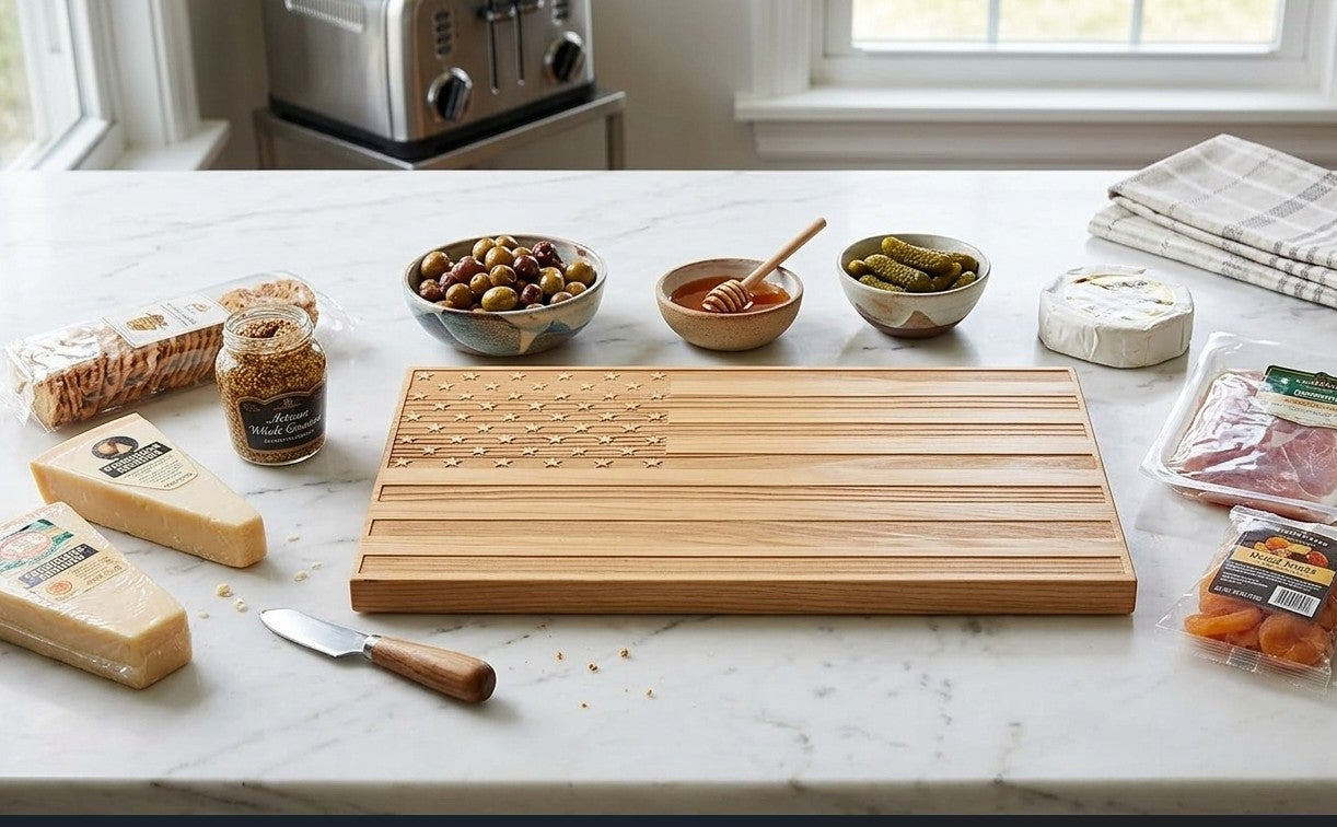 American Flag-shaped acacia wood serving board in a natural brown finish, designed for charcuterie, cheese, fruit, or appetizers, and suitable for personalization as a unique gift.