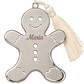 A silver gingerbread ornament with "Maria" engraved on its chest, featuring cutout eyes, a smile, three buttons, and a white tassel.