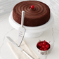Gold Ring cake knife and server set with non-tarnish nickel-plated finish, featuring gold wedding ring accents, including a 12.75-inch serrated knife and 11-inch serrated cake server in a silver keepsake gift box.