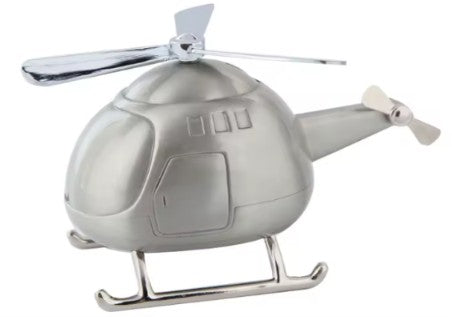The "Helicopter Pewter Bank" is a shiny silver helicopter-shaped bank with a main rotor and a tail rotor.