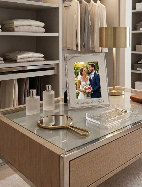 London 5 inch x 7 inch  photo frame featuring a bright metal finish and classic beaded edge, perfect for displaying treasured photos with timeless elegance.