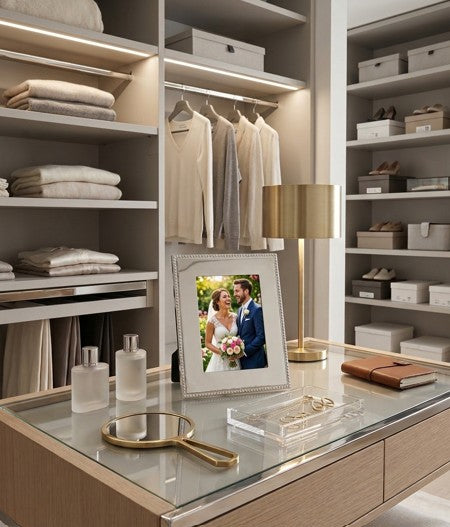 London 5 inch x 7 inch  photo frame featuring a bright metal finish and classic beaded edge, perfect for displaying treasured photos with timeless elegance.