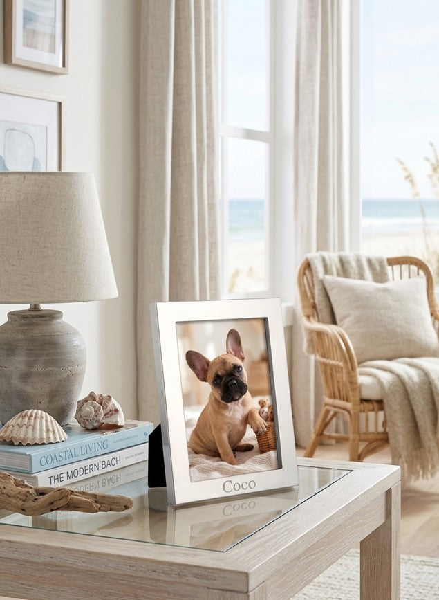 Montauk 5 inch x 7 inch photo frame with a bright metal finish and classic design, perfect for displaying cherished photos and can be personalized for a special touch.