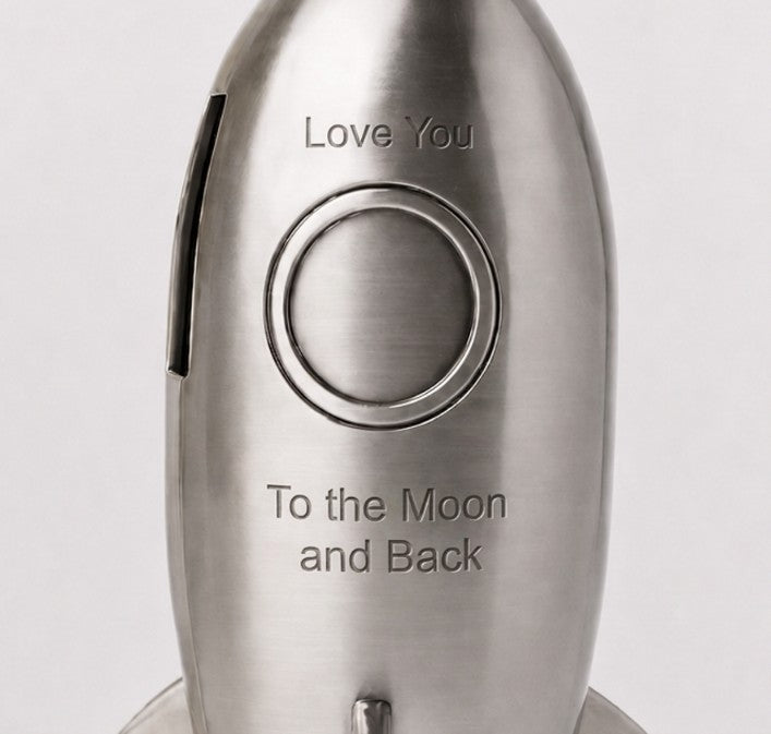 Rocket ship pewter bank that can be personalized, a classic keepsake coin bank for a nursery, baby shower, or birthday gift.