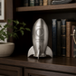 Rocket ship pewter bank that can be personalized, a classic keepsake coin bank for a nursery, baby shower, or birthday gift.
