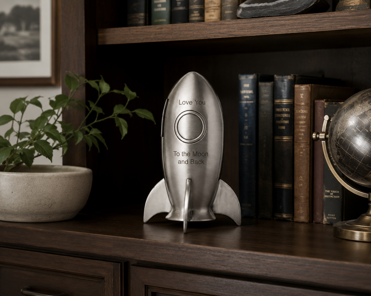 Rocket ship pewter bank that can be personalized, a classic keepsake coin bank for a nursery, baby shower, or birthday gift.