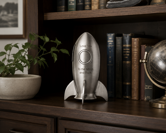 Rocket ship pewter bank that can be personalized, a classic keepsake coin bank for a nursery, baby shower, or birthday gift.