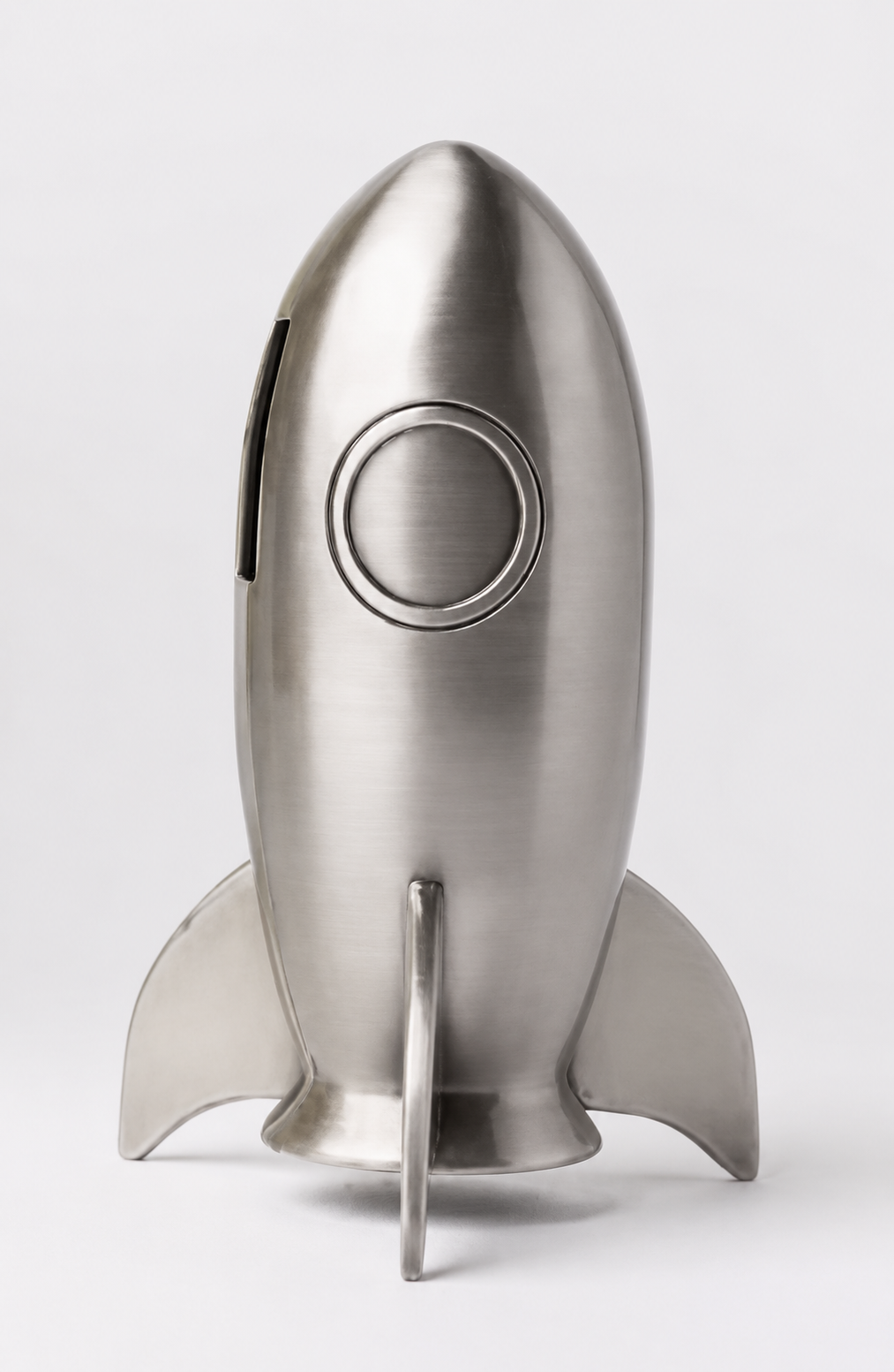 Rocket ship pewter bank that can be personalized, a classic keepsake coin bank for a nursery, baby shower, or birthday gift.