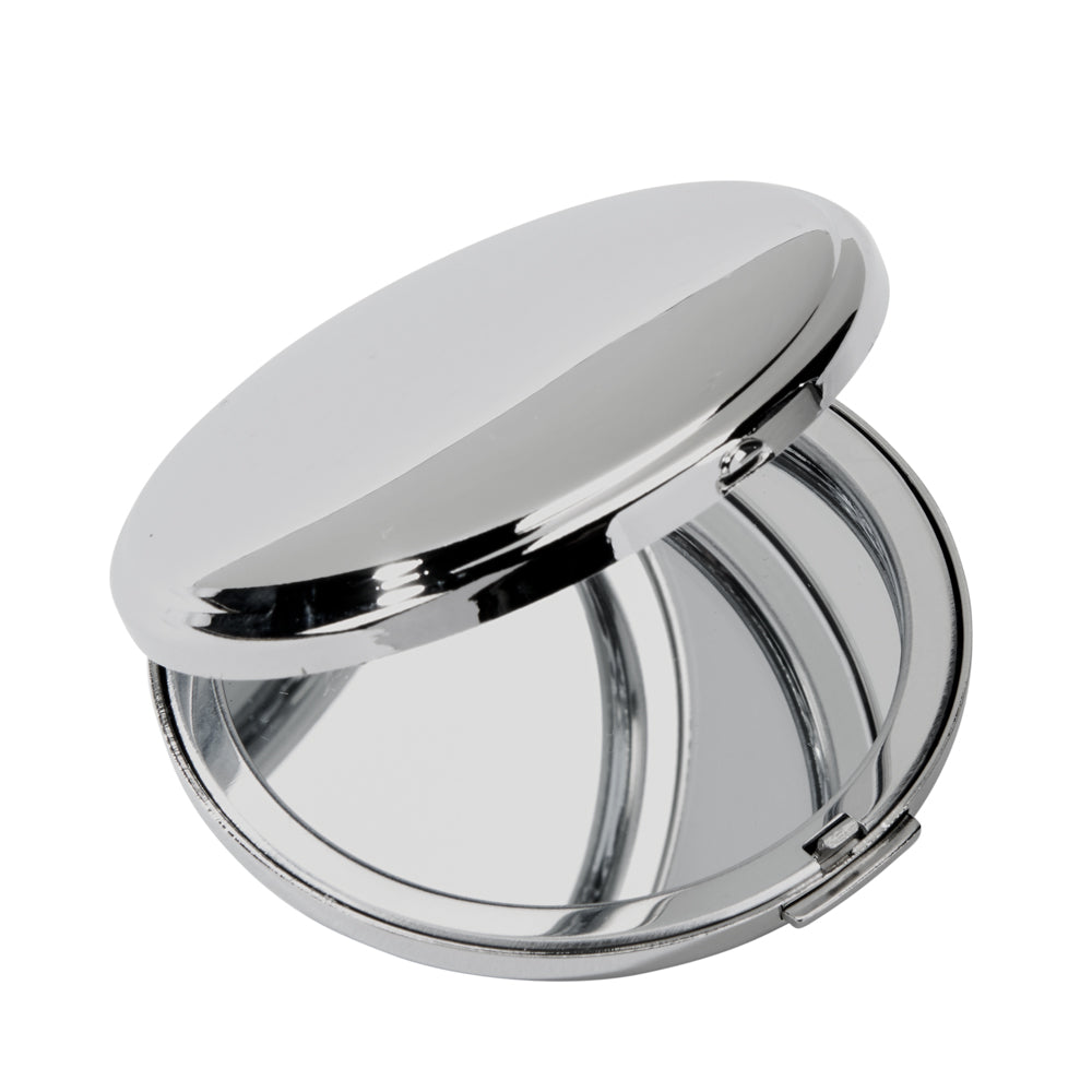 A partially open, round, nickel-plated Boston compact mirror with a shiny finish, reflecting light on its surface.