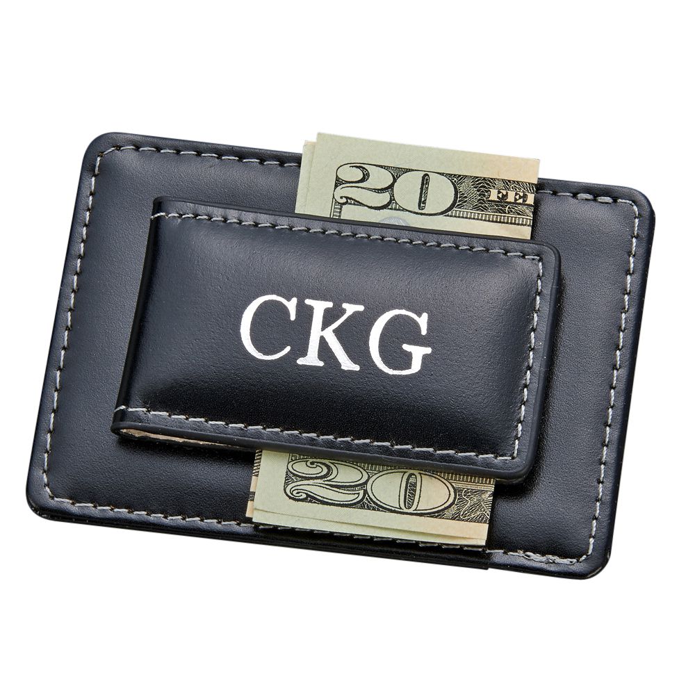 Black Leather Money Clip & Card Holder