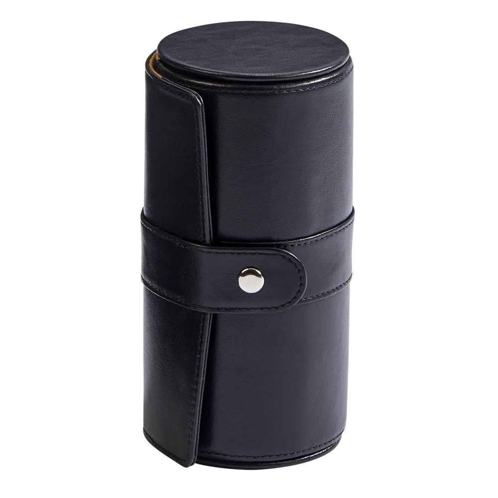 Black Leather Round Jewelry Case 6" X 3"