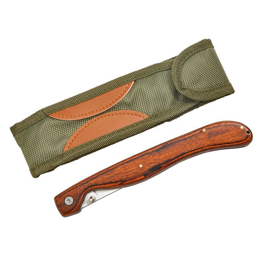 Stainless steel fillet knife with birchwood handle, locking blade, and nylon carrying pouch, designed for filleting fish and trimming meats, making a thoughtful gift for fishing enthusiasts and outdoor adventurers.